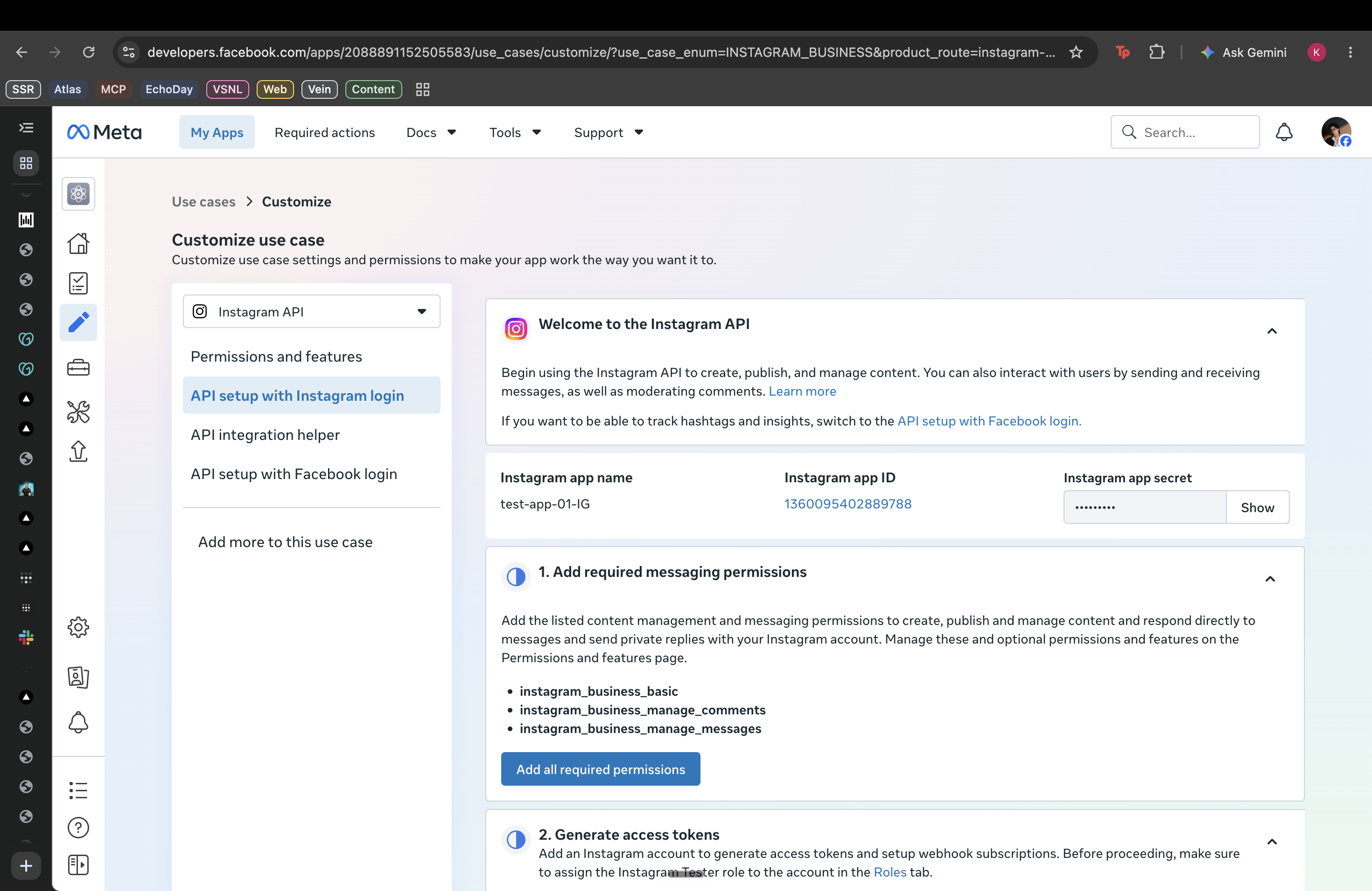 Instagram API setup showing required permissions