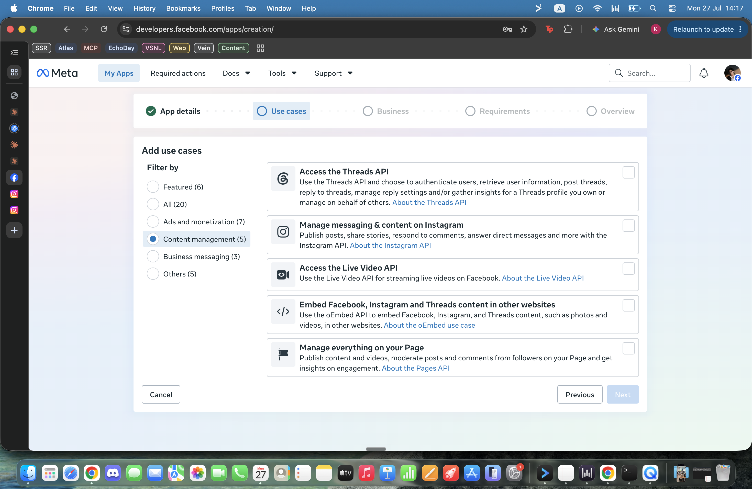 Current Meta use case picker showing Content management and Manage messaging and content on Instagram