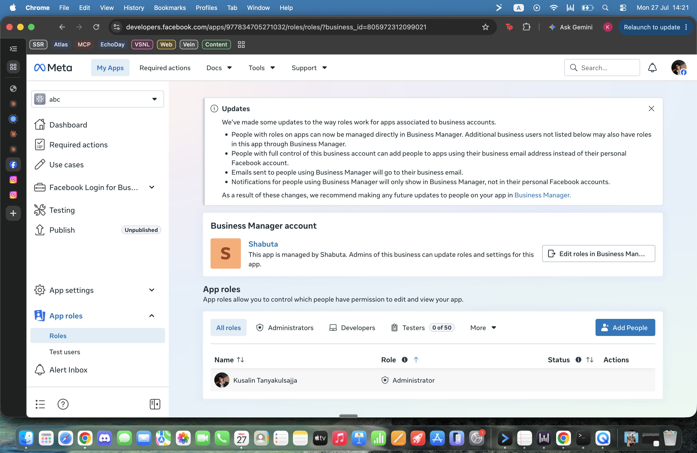 Meta App roles page showing Add People