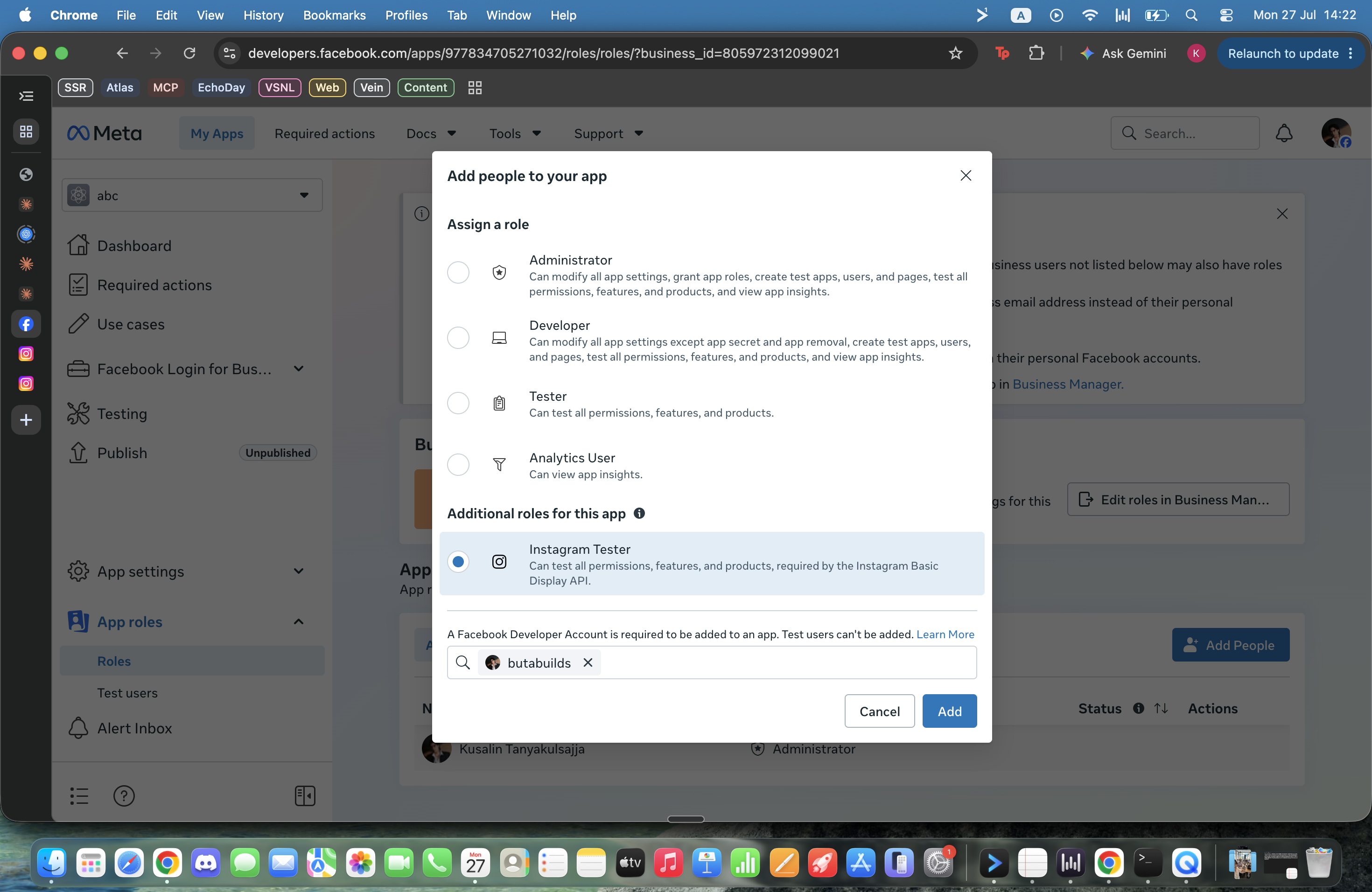 Add people dialog with Instagram Tester and Instagram account selected