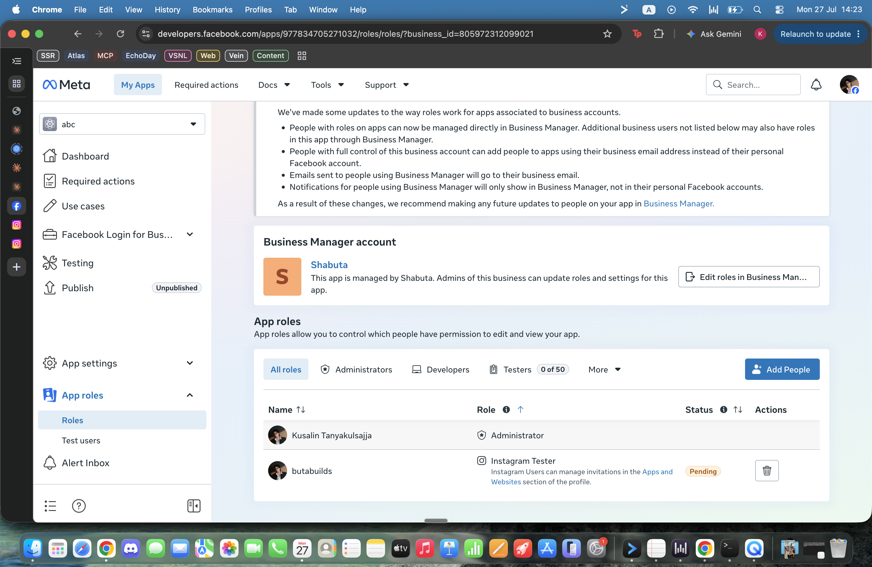 Meta App roles showing pending Instagram Tester invitation