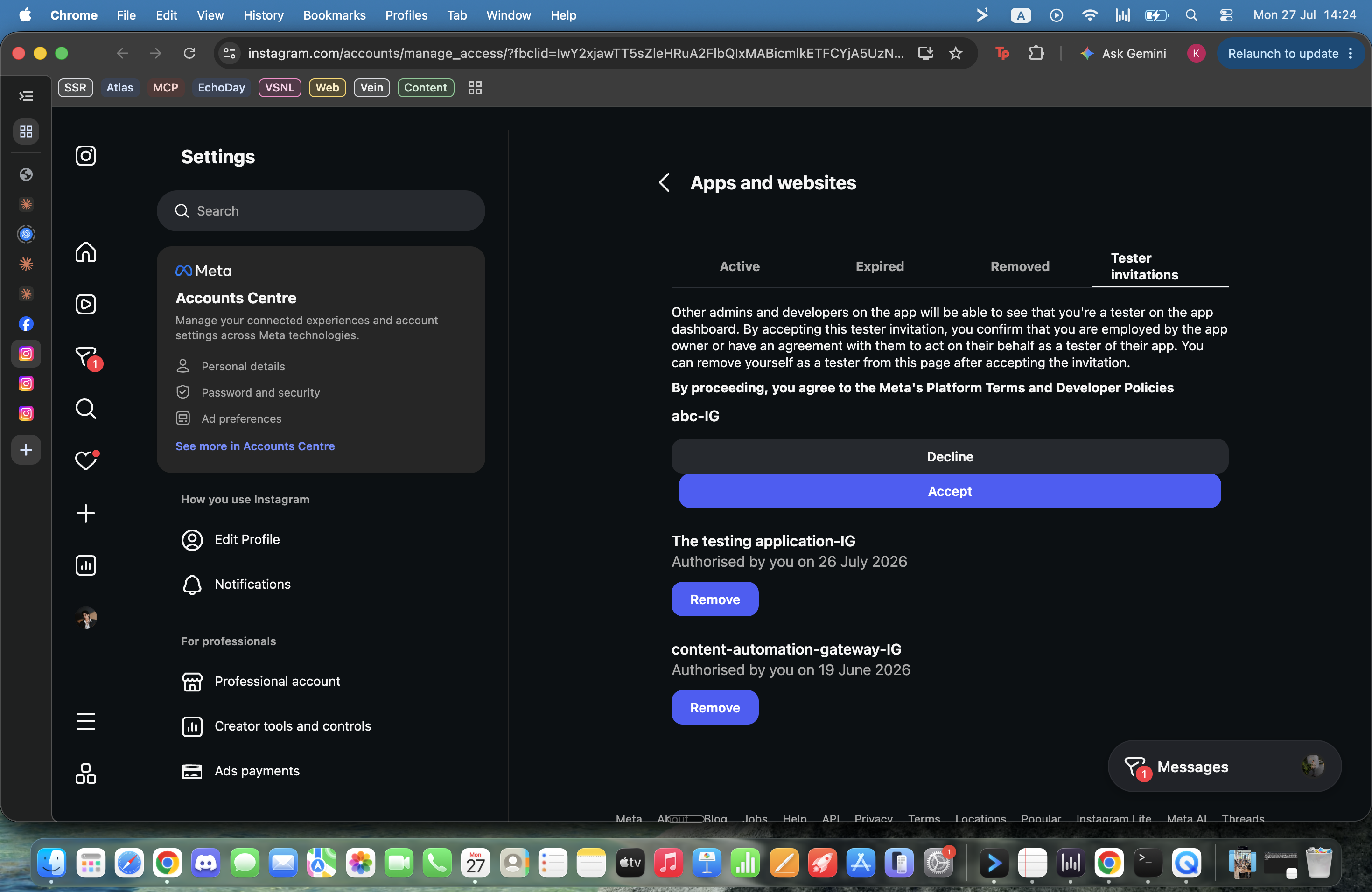 Instagram Apps and websites tester invitations tab with Accept button