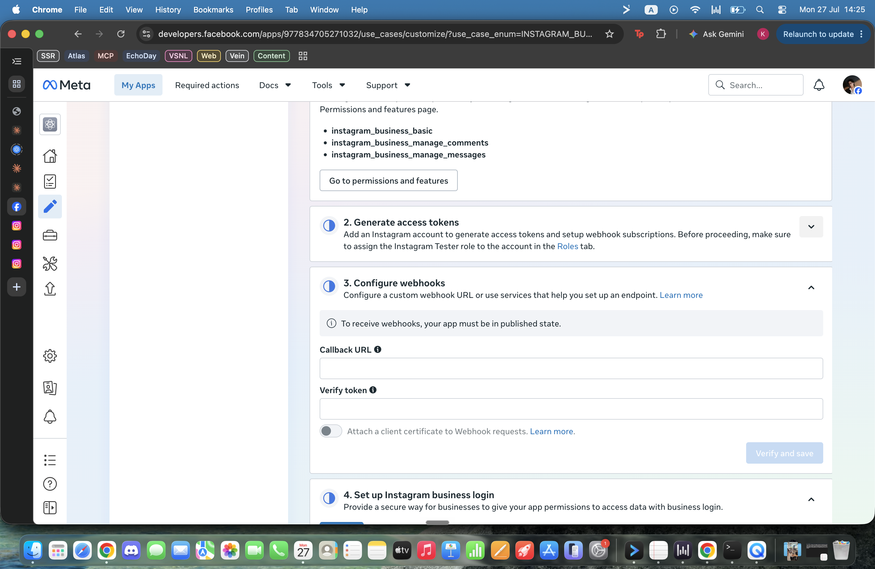 Meta Instagram API setup showing collapsed Generate access tokens panel