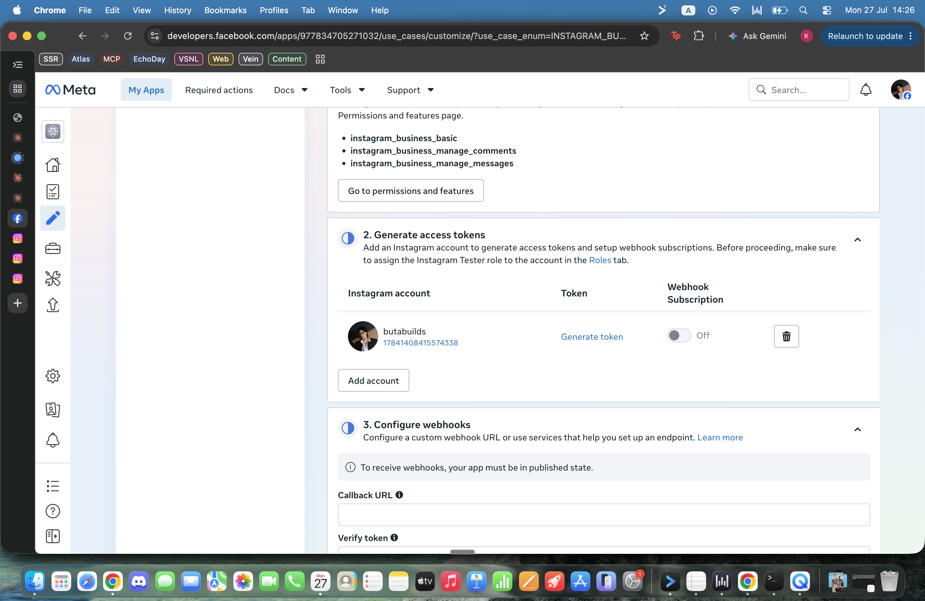 Meta Instagram API setup showing Generate token link