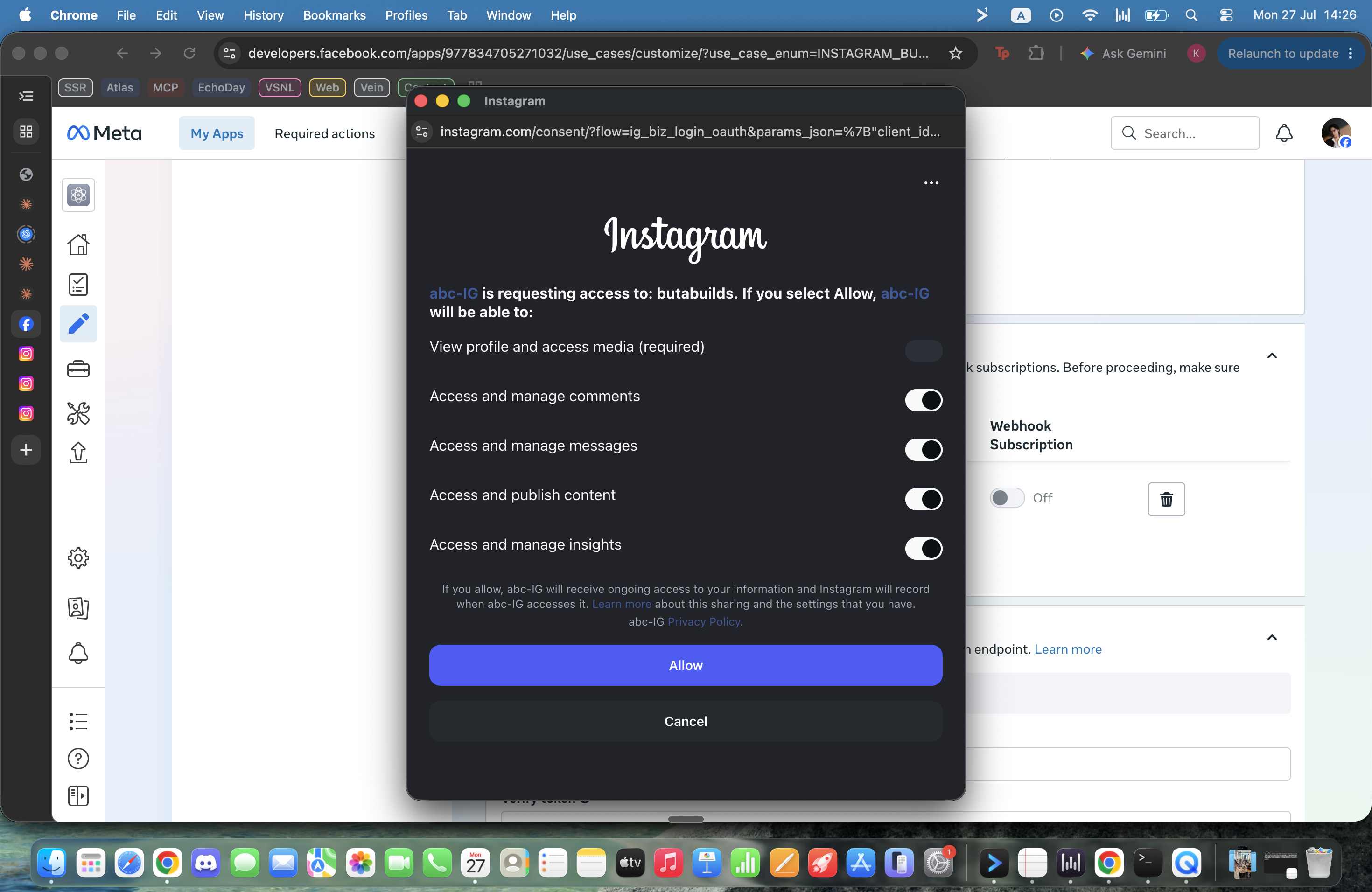 Instagram permission consent window with Allow button