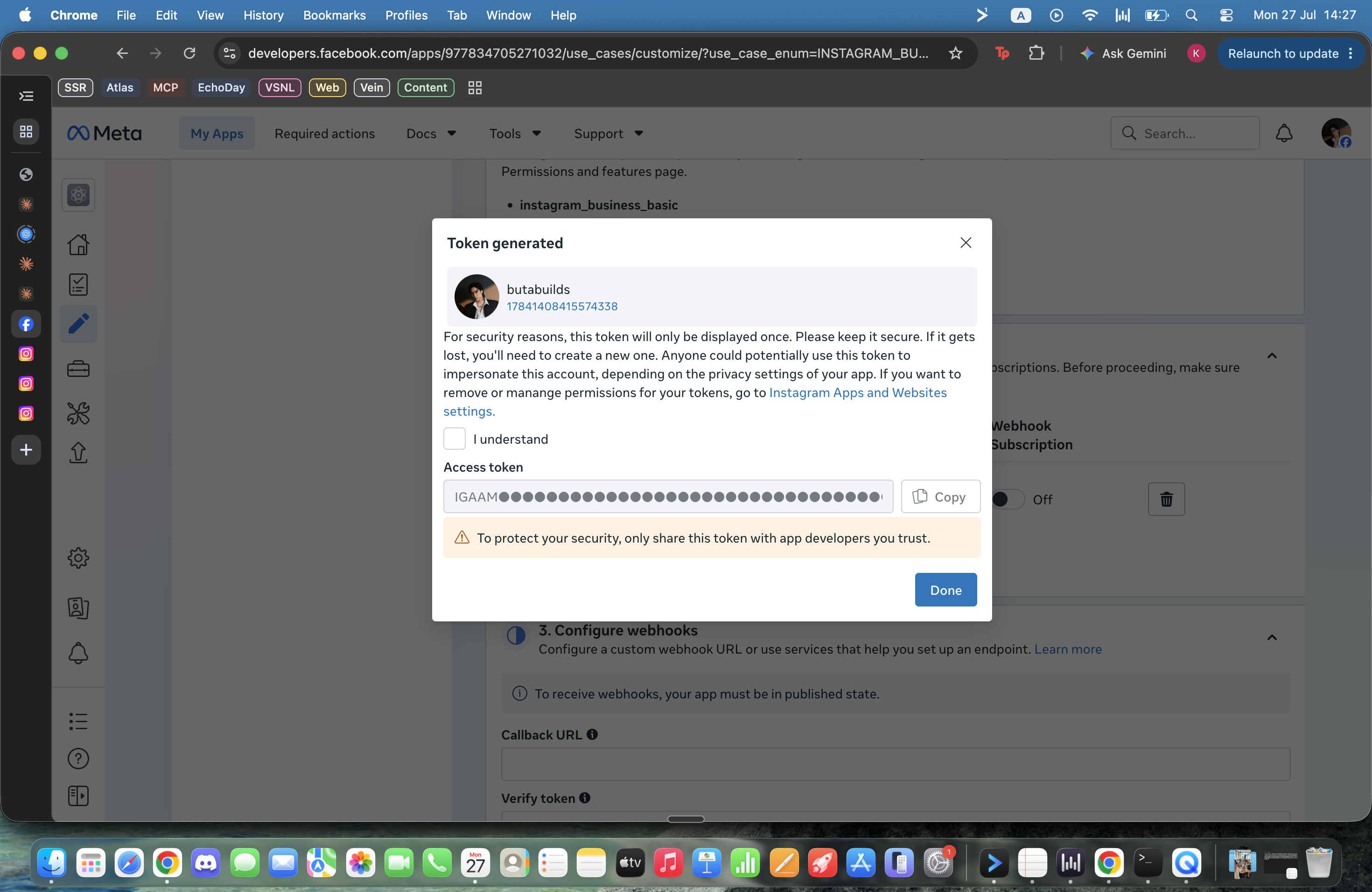 Meta Token generated dialog with masked access token and Copy button