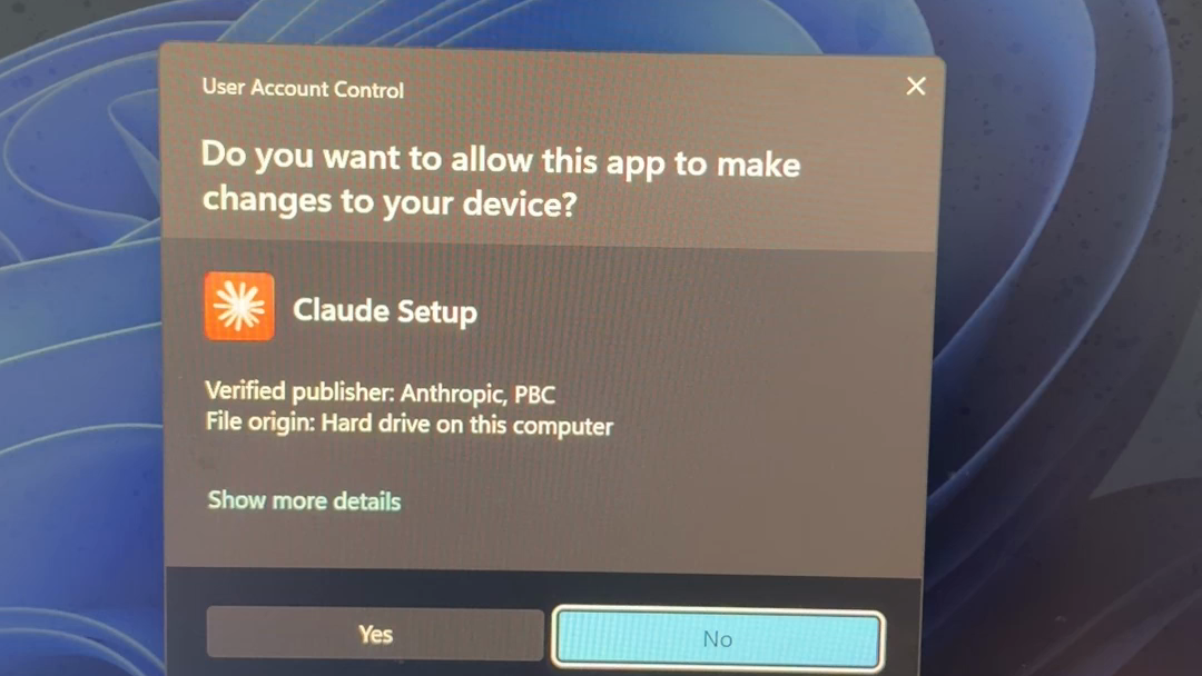 Windows permission dialog for Claude Setup