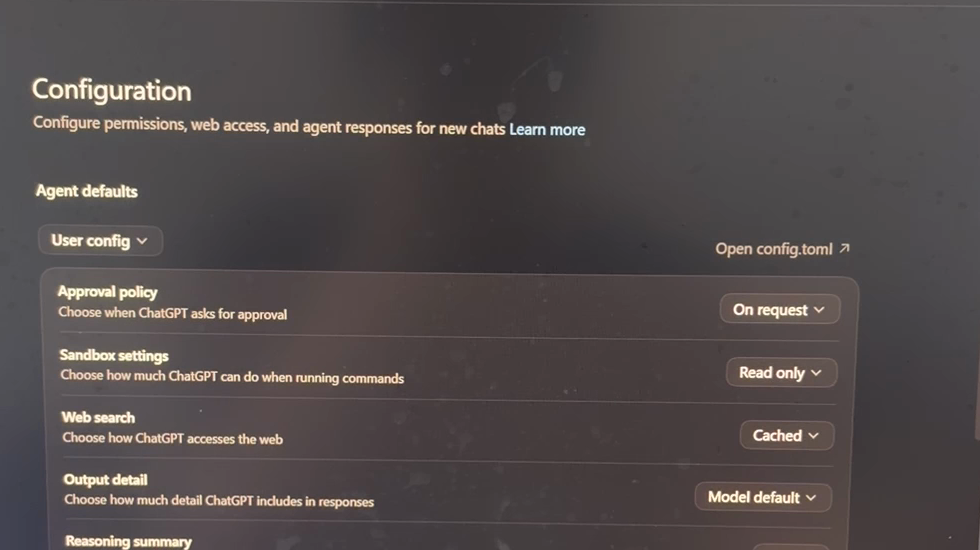 Codex Configuration showing Approval policy set to On request