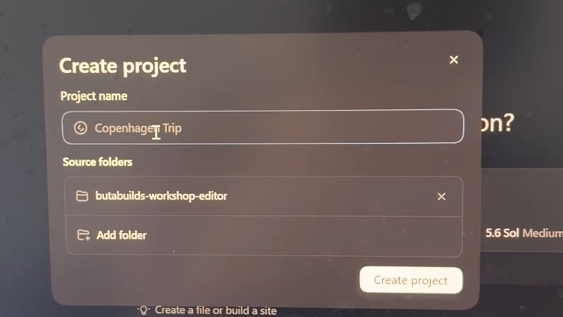 Codex Create Project dialog with butabuilds-workshop-editor selected as the source folder