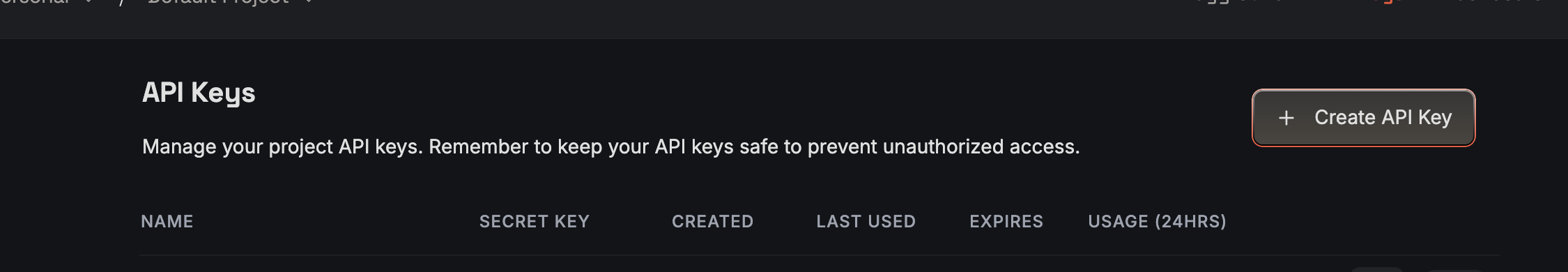 Groq API Keys page with the Create API Key button; key list cropped out